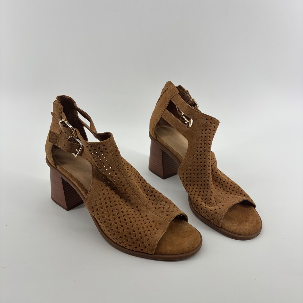 Alex Marie Womens 9.5M Tan Hoplee Perforated Suede Block Heel Sandal Back Zip